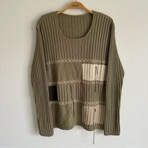 Vintage 90s Patchwork Sweater Fairy Cottage Core Sage Green White Knit Spring